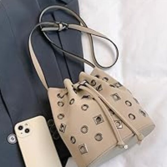 Neiman Marcus Khaki Studded Purse Mini PU Leather Shoulder Bag - Picture 4 of 7